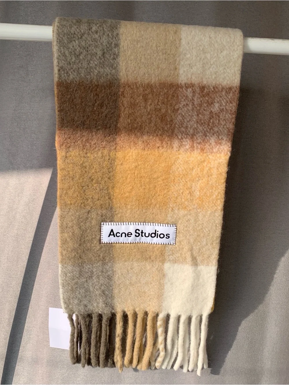 Acne Studios Checked Wool Scarf in Yellow, Brown, Cream